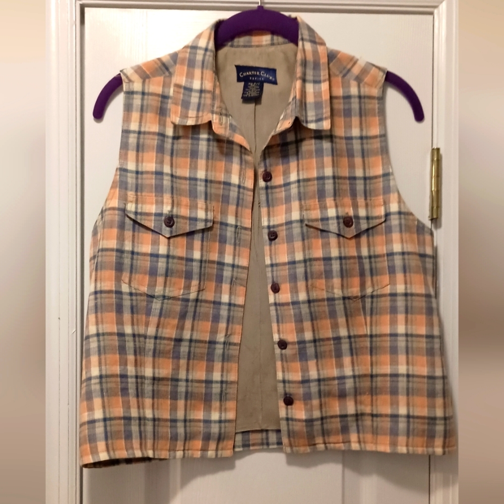 Vintage Charter Club Blue Salmon plaid Button Up vest Size small Petite